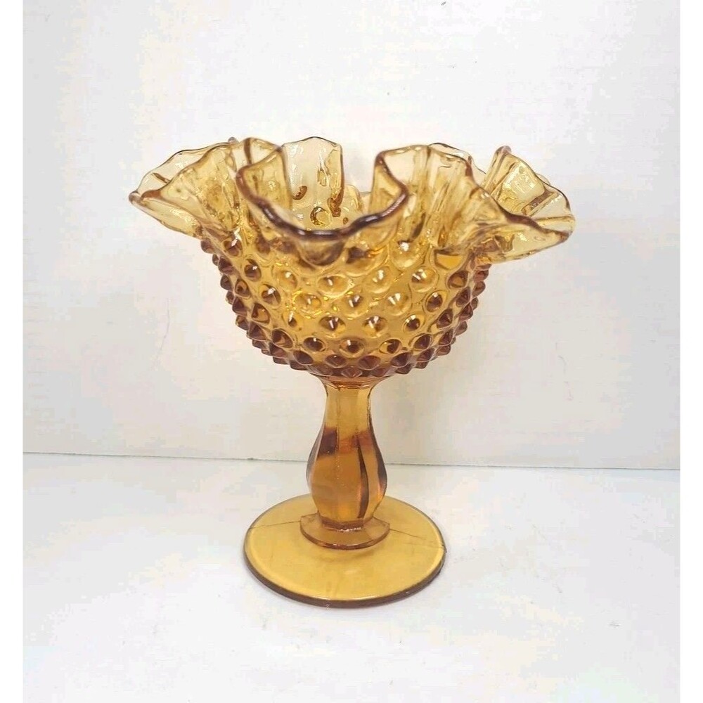 Vintage Fenton Amber Glass Ruffled Edge Hobnail Compote Pedestal Candy Dish